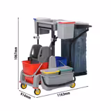Carrello per pulizie PROFESSIONALE - aperto - con strizzatore, 6 contenitori, sacco portabiancheria 65L, ripiani & ganci portascope - Grigio