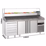 Commercial Pizza Prep Counter - Granite Top PREMIUM - 2100x800mm - with 2 doors & 5 drawers - incl. refrigerated topping unit with glass sneeze guard - 10x GN 1/3