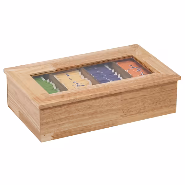 Caja de té de madera - 4 compartimentos - tapa con ventana transparente - Natural - sin grabado - hasta 120 bolsitas