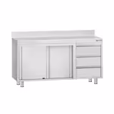 Table armoire en acier inoxydable ECO - 1400x600mm - avec 3 tiroirs à droite et portes coulissantes - avec dosseret