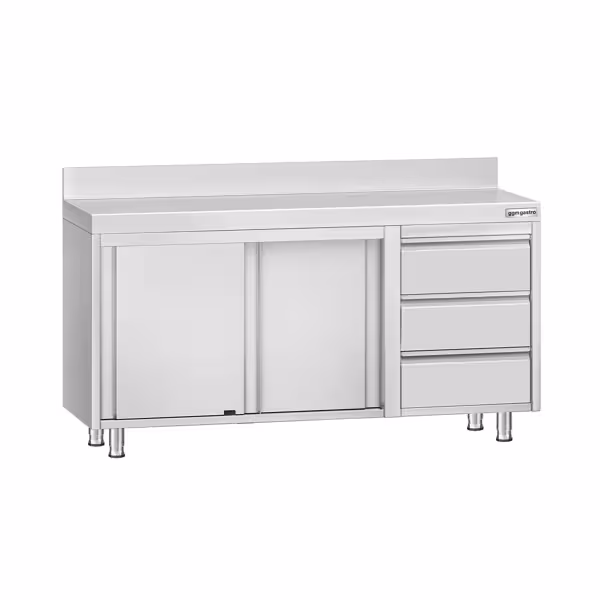 Gesloten RVS werktafel KOPENHAGEN ECO - 1400x600mm - met 2 schuifdeuren, 3 laden rechts - met achteropstand