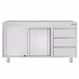 Paslanmaz Çelik Dolaplı Çalışma Tezgahı ECO - 1400x700mm - ile Sürgülü Kapılı & Sağ 3 Çekmeceli & Ara Raflı