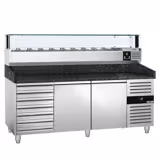 Table réfrigérée à pizza PREMIUM - 2000x800 mm - avec 2 portes & 7 tiroirs - incl. vitrine réfrigérée LED - 10x GN 1/4