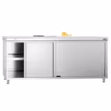 Acero inoxidable Mesa con puertas correderas PREMIUM - para cereales y lácteos - 2000x600mm - con estante intermedio - incl. Tabla de corte Blanco