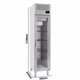 Armario frigorífico de acero inoxidable PREMIUM PLUS - GN 1/1 - 325L - con 1 puerta de cristal y 4 racks de almacenamiento GN 1/1 - ventilado; R290; desescarche automático; monobloque; cerradura con llave; AISI 304; Panel frontal en azul