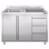 Spoelkast - RVS - 1200x600mm - 3 laden - met 1 spoelbak rechts - met achteropstand - met draaideuren