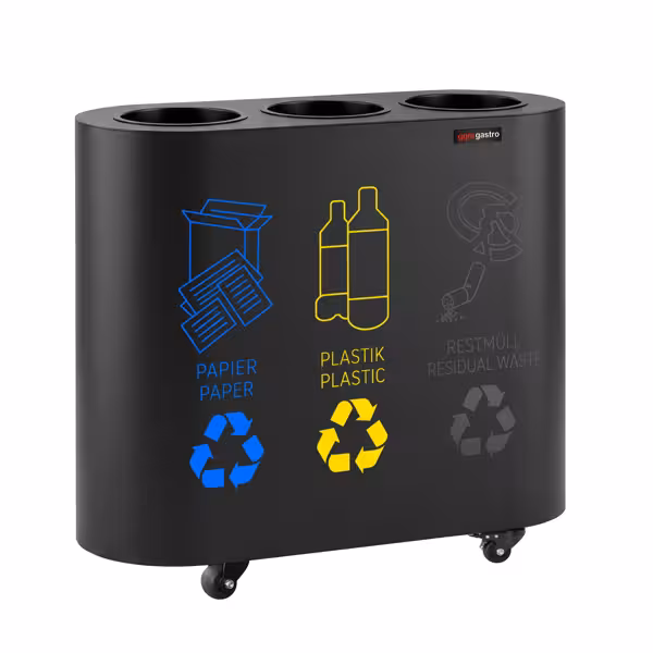 Sistema de triagem de lixo - 3 contentores de 30 litros cada - Preto - com 4 rodas