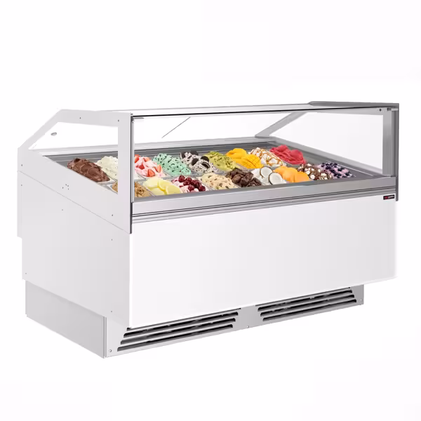 ADAM | Vitrină pentru înghețată ADAM - 1723 mm - ventilată - cu iluminare LED & geam frontal încălzit - pentru 18x cuve de 5 litri pentru înghețată sau 12x cuve de 7 litri pentru înghețată - alb