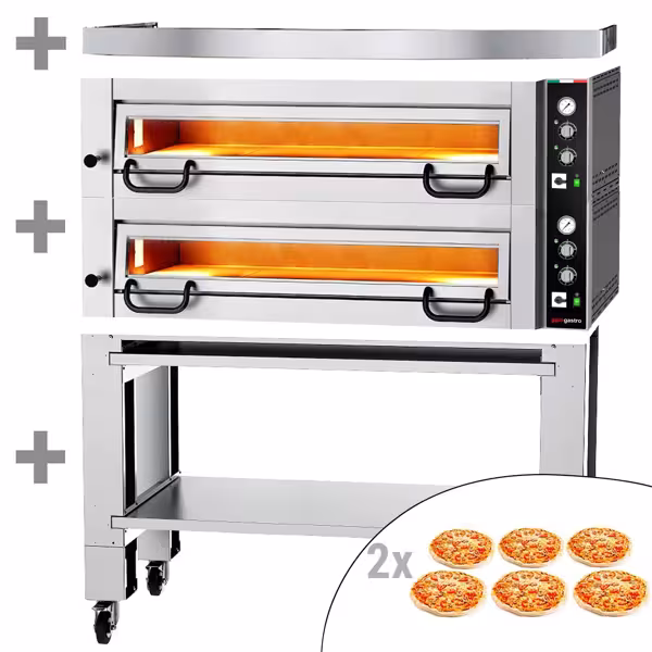 Electric Deck Pizza Oven - Twin Deck - Refractory Stone Deck - 6+6 - Ø 34cm (13.4") - 230V 3 Phase - Mechanical Controls - up to 450°C - incl. Hood & Base frame
