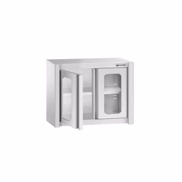 Nerezová nástěnná skříňka - 800x400 mm - s křídlovými skleněnými dveřmi - výška 650 mm