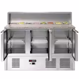 Přípravný chladicí stůl American style ECO - 1368 mm - 402 l - 3 dveře - s nerezovým krytem pro 8x GN 1/6 - žulová pracovní deska