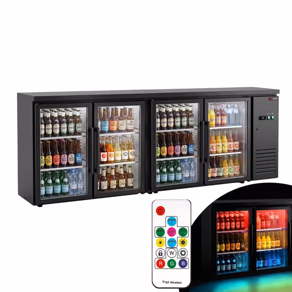 Bar- & Getränkekühltisch Premium - 2540mm - mit 4 Glastüren & RGB-LED Licht