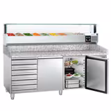 Pizzawerkbank PREMIUM - 2000x800mm - met granieten werkblad - met 2 deuren & 7 laden - incl. glasvitrine LED - 9x GN 1/3