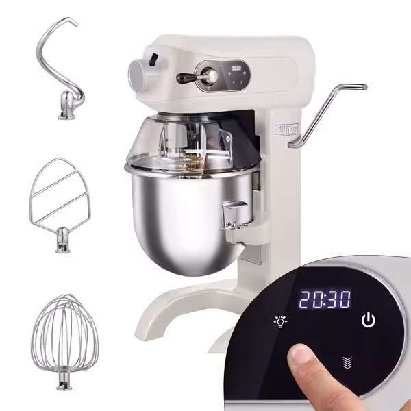 Planetmixer - 20 l - 1,10 kW - inkl. visp, flatblandare och degkrok - 3 hastigheter - bänkmodell - med timer - med display - hellelfenbein