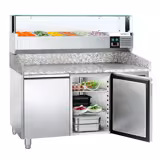 Commercial Pizza Prep Counter - Granite Top PREMIUM - 1500x800mm - with 2 doors - incl. refrigerated topping unit with glass sneeze guard LED - 5x GN 1/3 + 1x GN 1/2