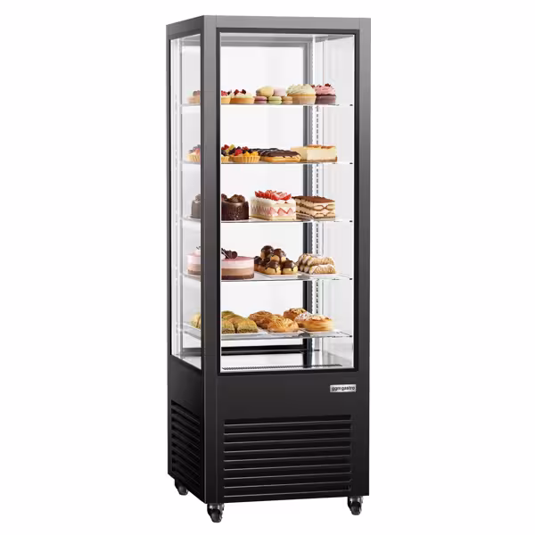 Vitrine réfrigérée 4 faces vitrées - 440L - 675mm - Double vitrage - avec 5 étagères en verre - 1 porte vitrée arrière - Noir