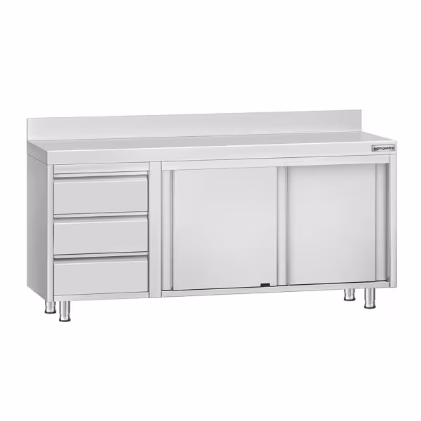 Gesloten RVS werktafel ECO - 1800x700mm - met 2 schuifdeuren, 3 laden links - met achteropstand