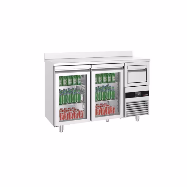 Mesa de refrigeración para bar - 1,58 m - con 2 puertas de vidrio, zócalo y aldabas para café