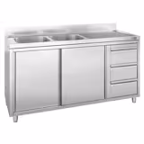 Commercial Sink Cabinet - Stainless Steel - 2000x600 - 3 Drawers - 2 Bowls Left