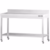 Edelstahl Arbeitstisch PREMIUM - 1400x800mm - mit Grundboden, Aufkantung & Rollen