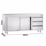 Armoire de travail en inox PREMIUM - 1800x600mm - avec 3 tiroirs à droite sans rebord	