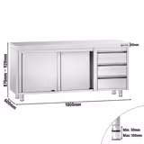 Arbetsskåp i rostfritt stål PREMIUM - 1800x600 mm - med 2 skjutdörrar, 3 lådor höger