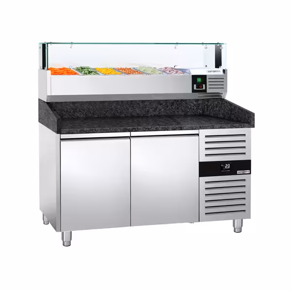 Pizzawerkbank PREMIUM - 1500x800mm - granieten werkblad - met 2 deuren - incl. koelopzetvitrine LED - 6x GN 1/3
