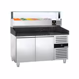 Chladicí stůl na pizzu PREMIUM - 1500x800 mm - se 2 dveřmi - se žulovou pracovní deskou - vč. chladicí nástavbové vitríny s LED osvětlením - 6x GN 1/3 - se skleněným krytem