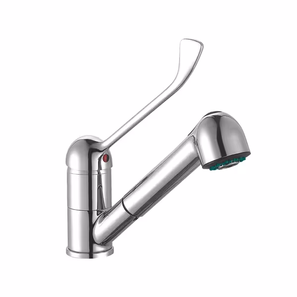 Enkelgats mengkraan - met 1-gats monobloc, tafelmodel/werkbladmontage, zwenkuitloop, eengreeps, sproeier/handdouche, G1/2 - 245mm