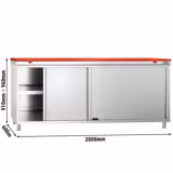 Szafka robocza ze stali nierdzewnej PREMIUM - 2000x600mm - z drzwiami suwanymi - z deską do krojenia, kolor: czerwony