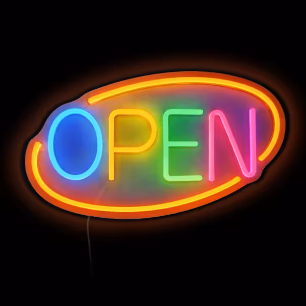 LED illuminated sign - OPEN - dimmable - Orange/Multi-colour - 420x250mm