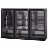 Bancada refrigerada para bar - 1350mm - 320L - com 3 portas de vidro de batente - Exterior e interior preto