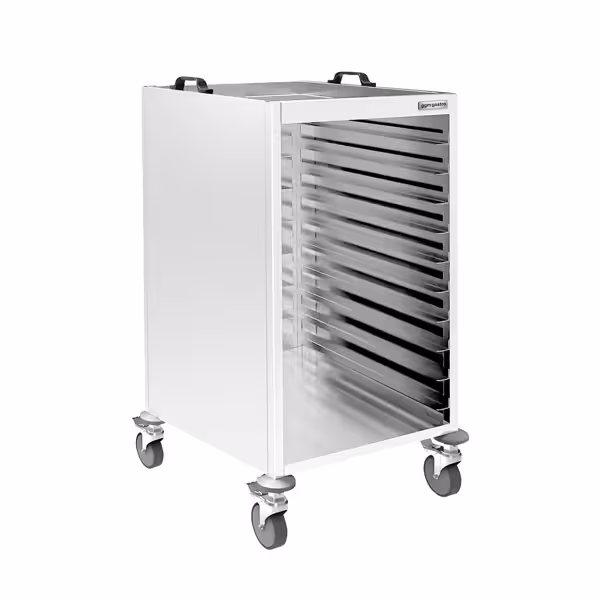 Din oțel inoxidabil Cărucior pentru tăvi - pentru 18 tăvi EN 530x370 - cu roți pivotante - 2 cu frână - roți Ø140 mm