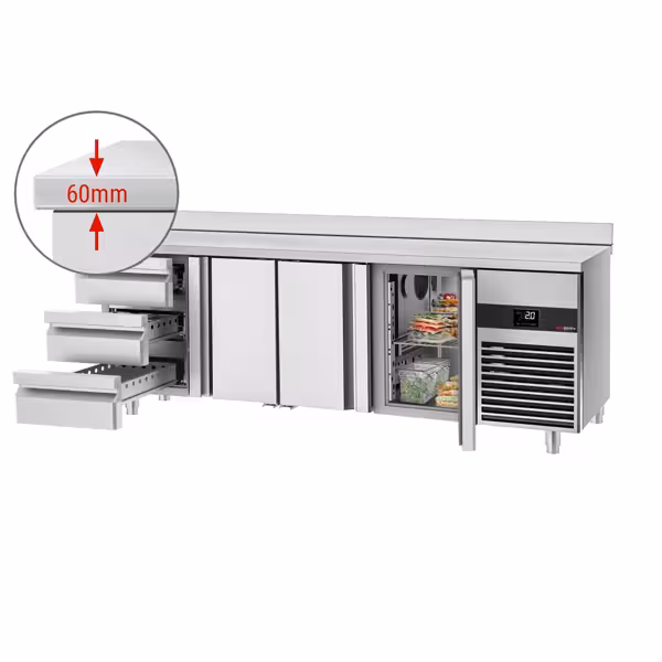 Koelwerkbank PREMIUM - 2330x700mm - 3 deuren - 3 lades - met spatrand - GN 1/1