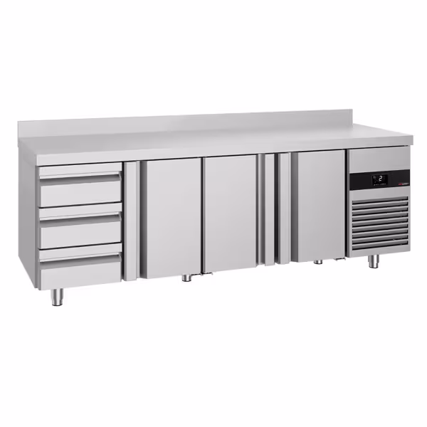 Tavolo refrigerato PREMIUM - 2330x700mm - Ventilata - 632 L - con 3 cassetti - Alzatina