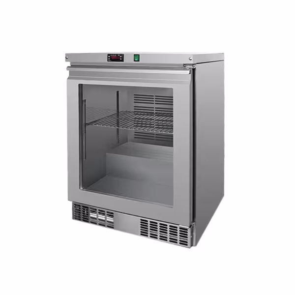 Podpultový mrazák Nerezová ocel PREMIUM - 595 mm - 110 l - až -20 °C - s 1 skleněné dveře - Dvojitě zasklené dveře; Digitální termostat; Ventilované chlazení