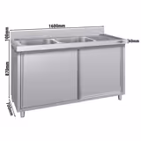 Dřezová skříňka ECO - nerezová ocel - 1600x700 mm - posuvné dveře - s 2 dřezy vlevo