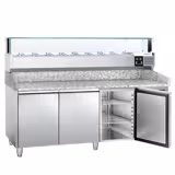 Pizzawerkbank PREMIUM - 2025x800mm - met granieten werkblad - met 3 deuren - incl. glasvitrine LED - 10x GN 1/4