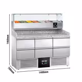 Mesa refrigerada de pizza PREMIUM - 1400x700mm - com 6 gavetas 1/2 - incl. Vitrine refrigerada mit 6x GN 1/4