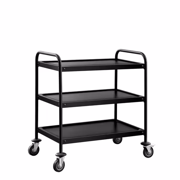 Commercial Black Stainless Steel Serving Trolley 3-Tier – Braked Castors - 120 kg Load - 800×500×940 mm
