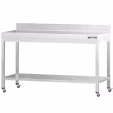 Table de travail en inox PREMIUM - 1600 x 800 mm - avec tablette inférieure, dosseret et roulettes