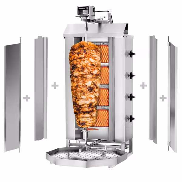 Gas Doner Kebab Grill (Shawarma/Gyros) - 4 Burner - up to 60kg - 13kW - Countertop - incl. 2 splash guards & 2 double doors