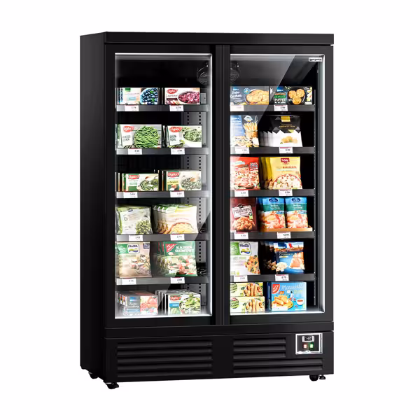 Commercial multideck display freezer - 1260mm - 991L - with 2 double‑glazed hinged glass doors & 5 shelves - Black