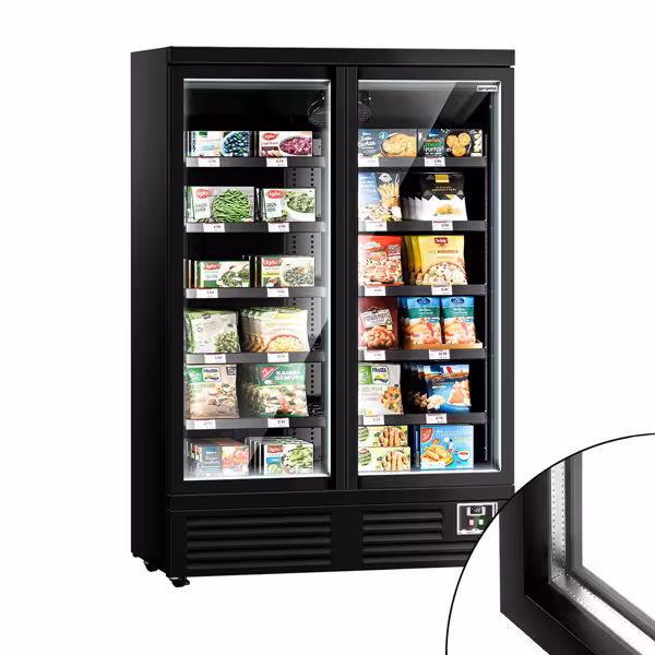 Commercial multideck display freezer - 1260mm - 991L - with 2 double‑glazed hinged glass doors & 5 shelves - Black