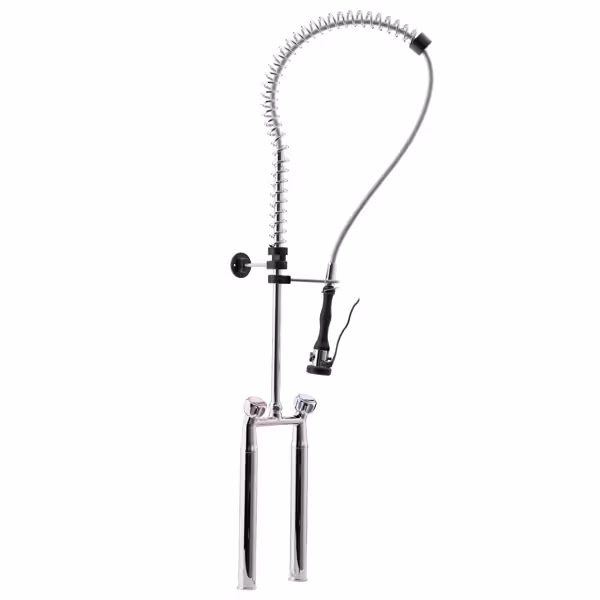 Deck-mounted twin-inlet pre-rinse spray - centres 155mm - with twin levers, spray gun, flexible hose 1200mm & heavy-duty - height 1340mm