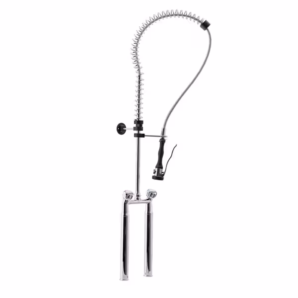 Tweegats voorspoeldouche - met 2-gats duobloc, tafelmodel, zwanenhals, 2-knops, mengkraan (warm/koud) & sproeier/handdouche, G1/2, debiet 12l/min - 1340mm