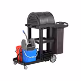 Carrello per le pulizie - aperto - 2 contenitori, strizzatore per mop, sacchetto per il bucato e cofano per il rotolo