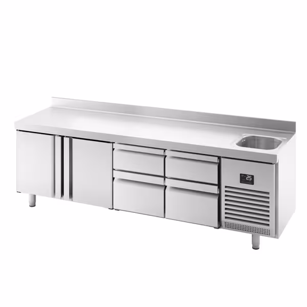 Koelwerkbank PREMIUM PLUS - 2452x700mm - 630 liter - met 2 deuren - met 4 lades - opstand