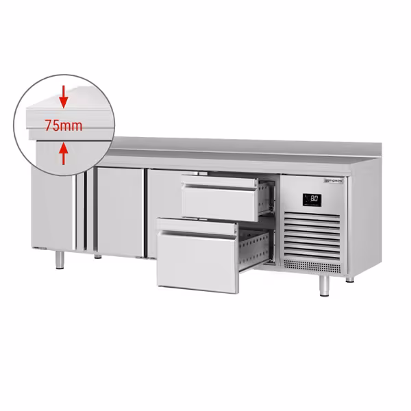 Koelwerkbank PREMIUM PLUS - 2452x600mm - met 3 deuren - met 2 lades - met opstand