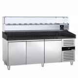 Commercial Pizza Prep Counter - Granite Top PREMIUM - 2000x800mm - with 3 doors - incl. refrigerated topping unit with glass sneeze guard - 10x GN 1/4